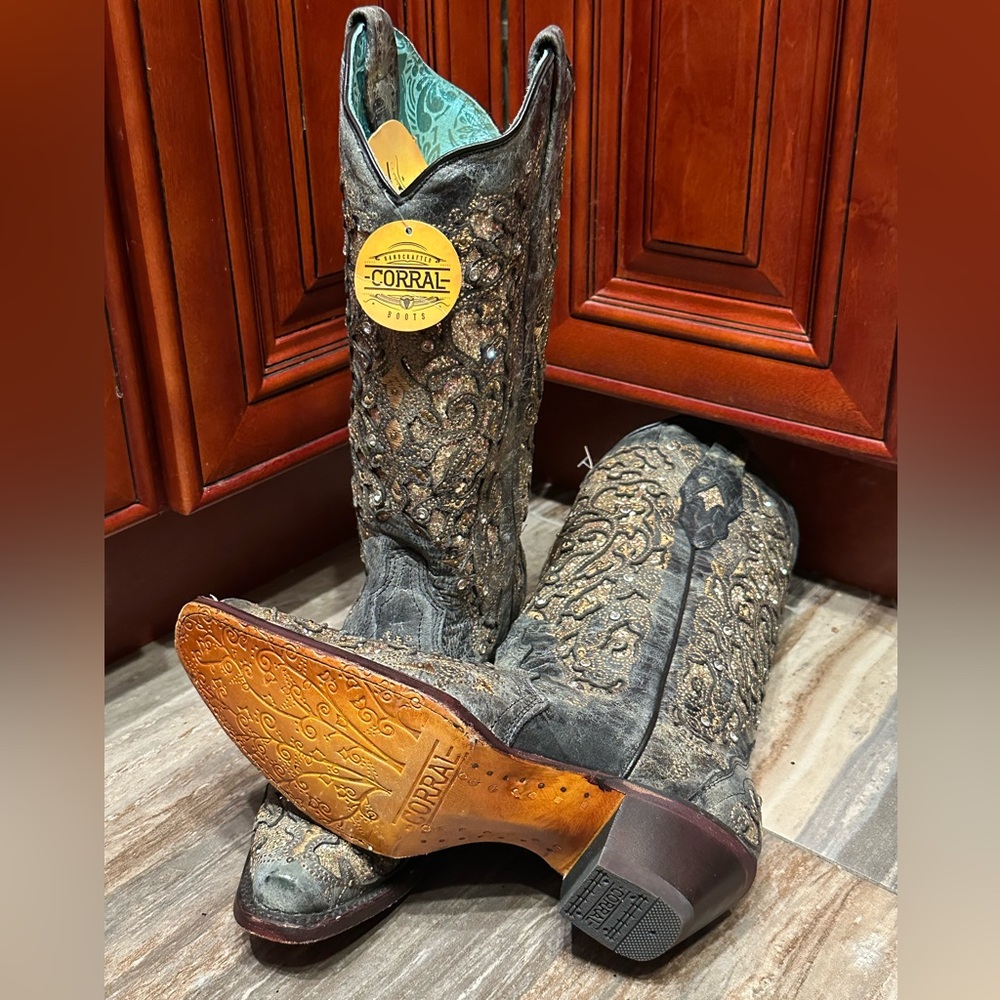 Corral A4231 Gray Gold Glitter Crystal Rhinestone Cowboy Boots Cowgirl Rodeo - Picture 8 of 9